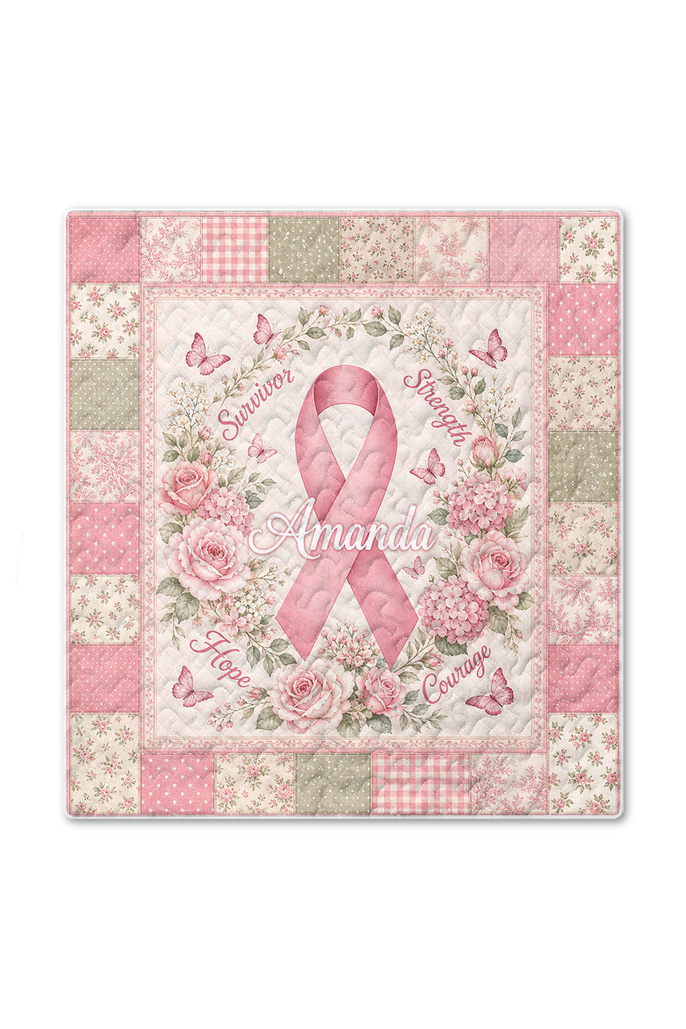 Amanda Pink Ribbon Floral Monogram Quilt Blanket