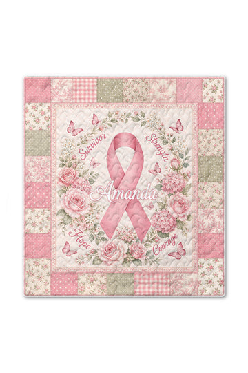 Amanda Pink Ribbon Floral Monogram Quilt Blanket