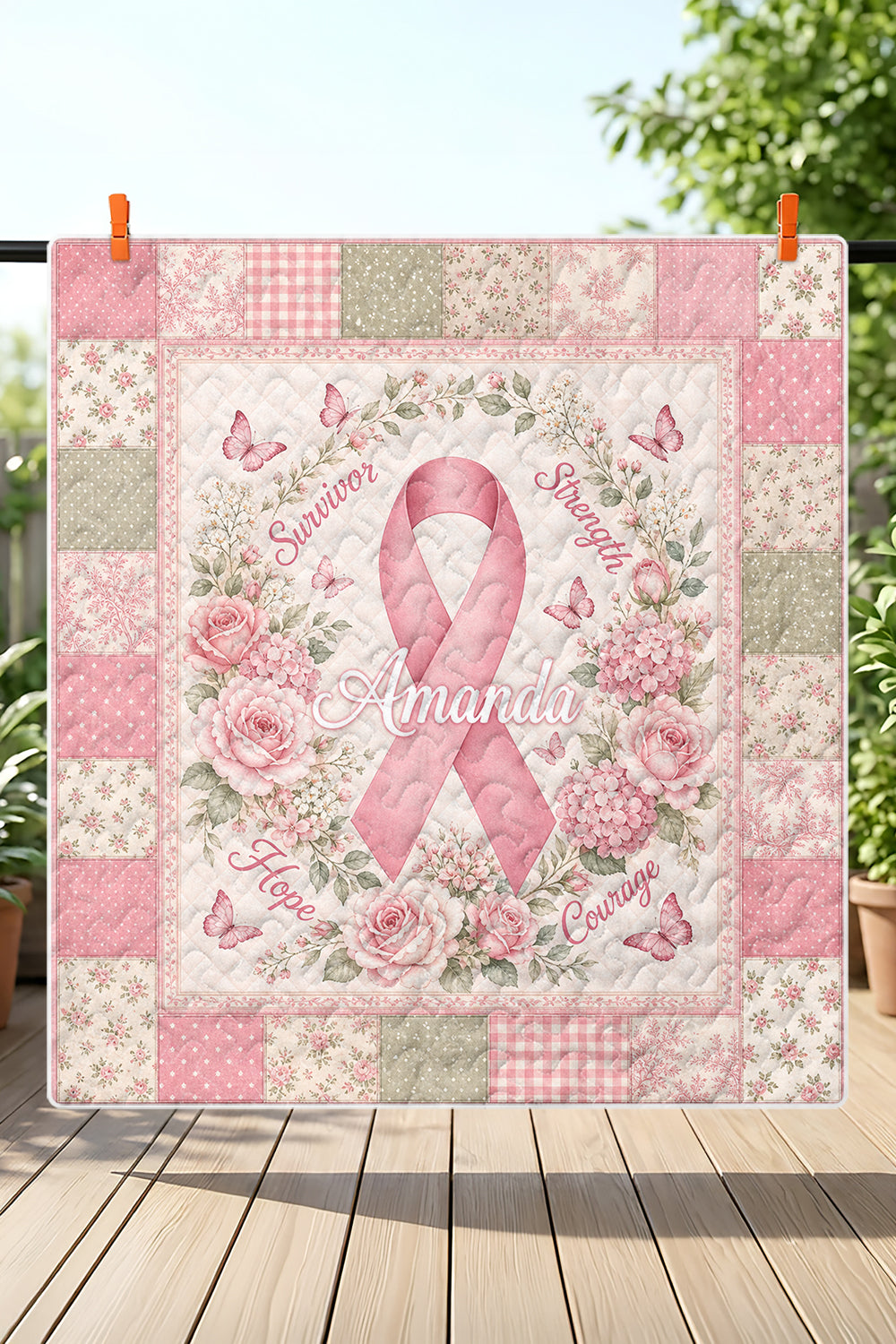 Amanda Pink Ribbon Floral Monogram Quilt Blanket