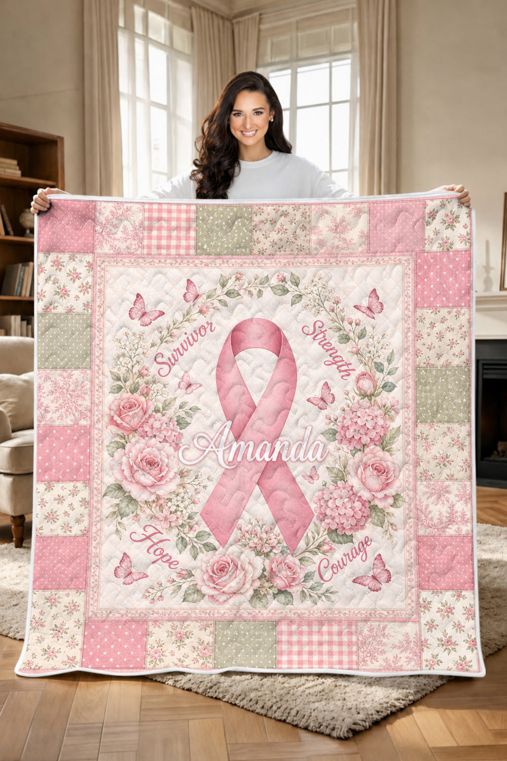 Amanda Pink Ribbon Floral Monogram Quilt Blanket