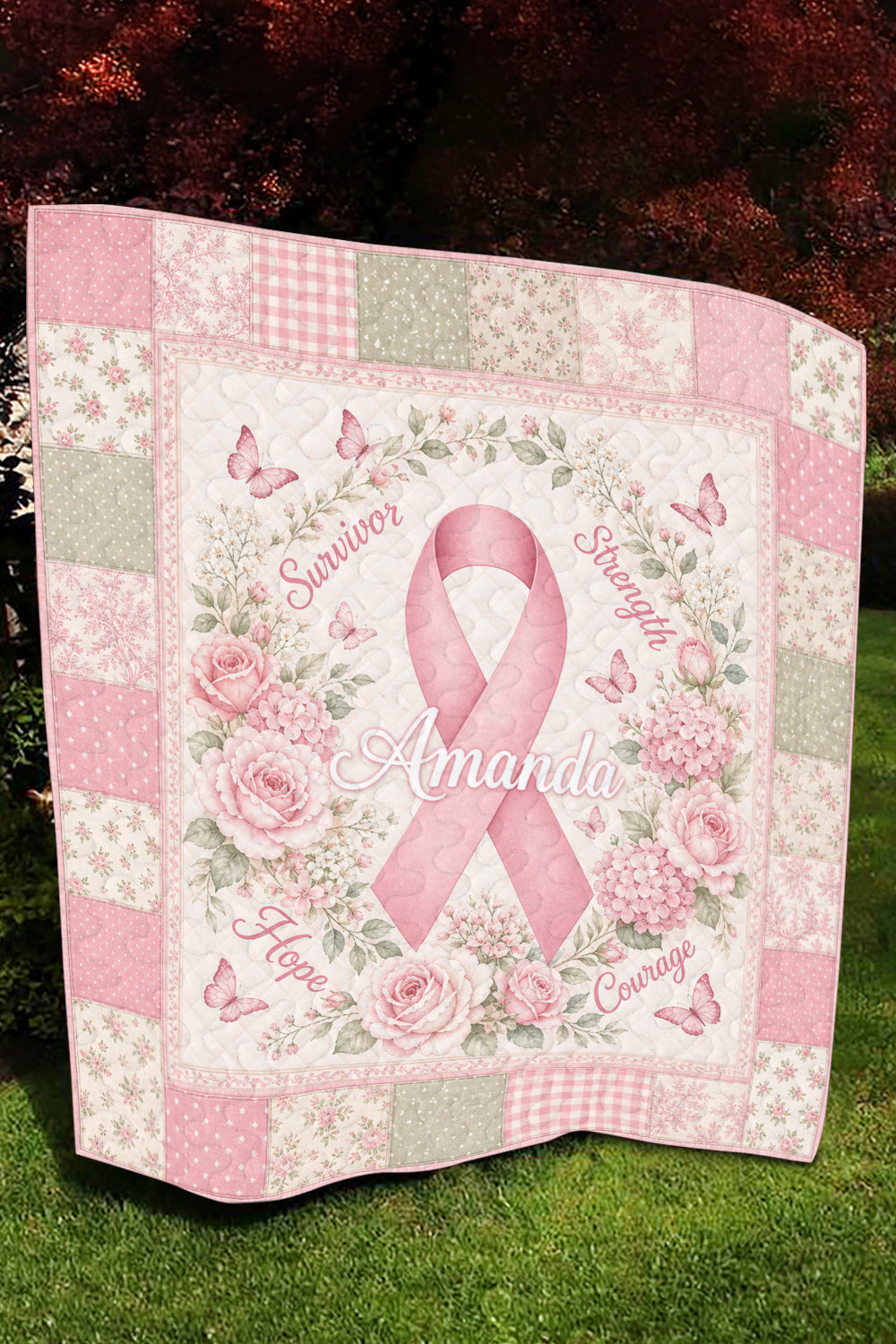 Amanda Pink Ribbon Floral Monogram Quilt Blanket