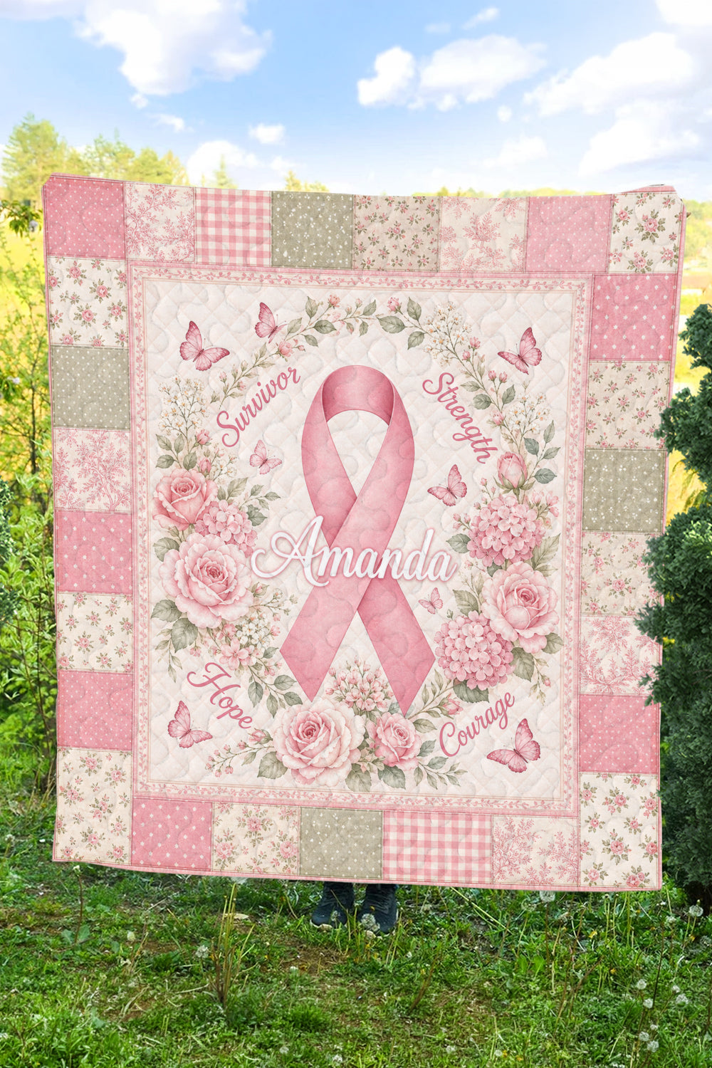 Amanda Pink Ribbon Floral Monogram Quilt Blanket