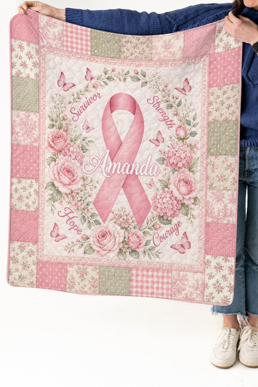 Amanda Pink Ribbon Floral Monogram Quilt Blanket