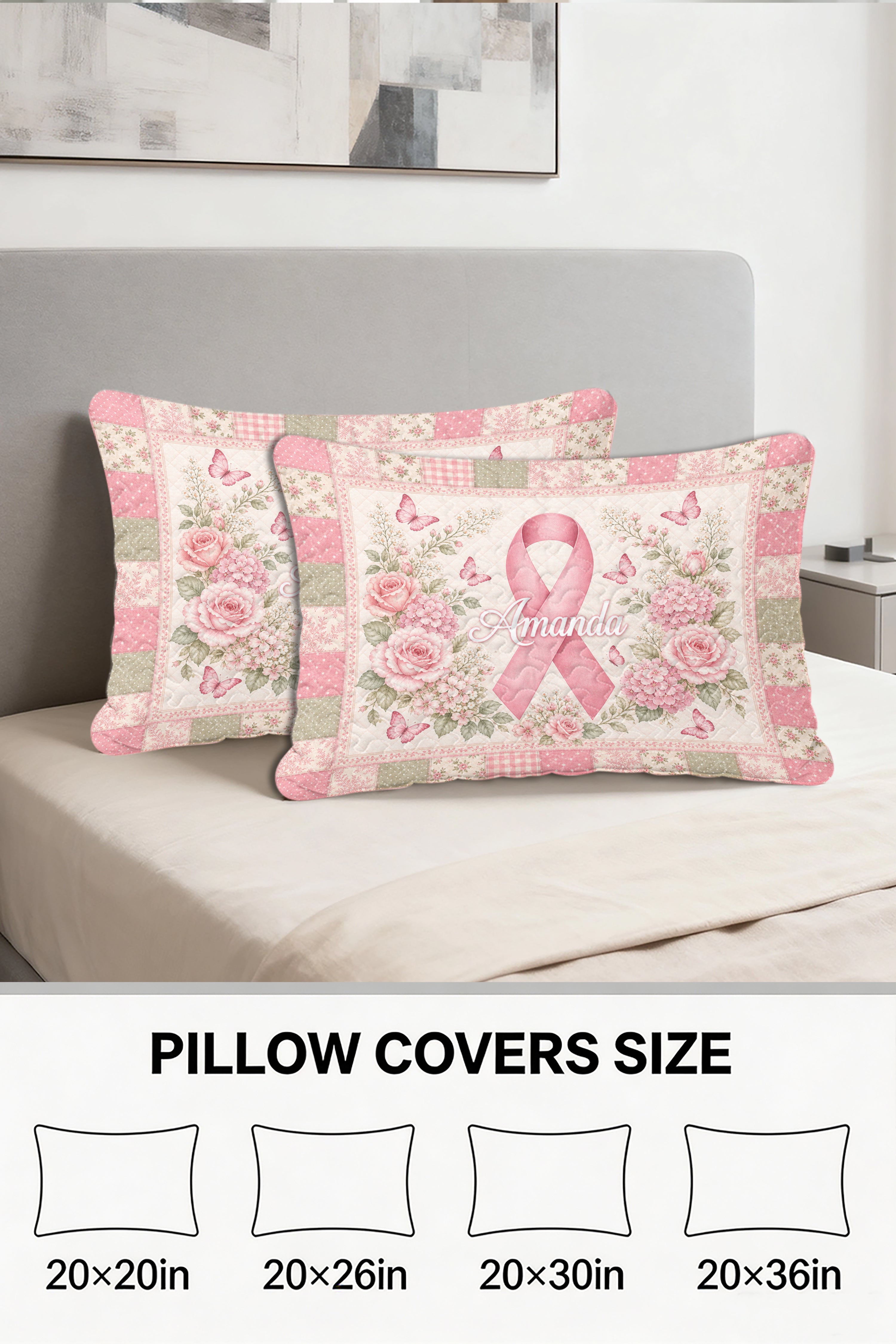 Amanda Pink Ribbon Floral Monogram Quilted Pillows