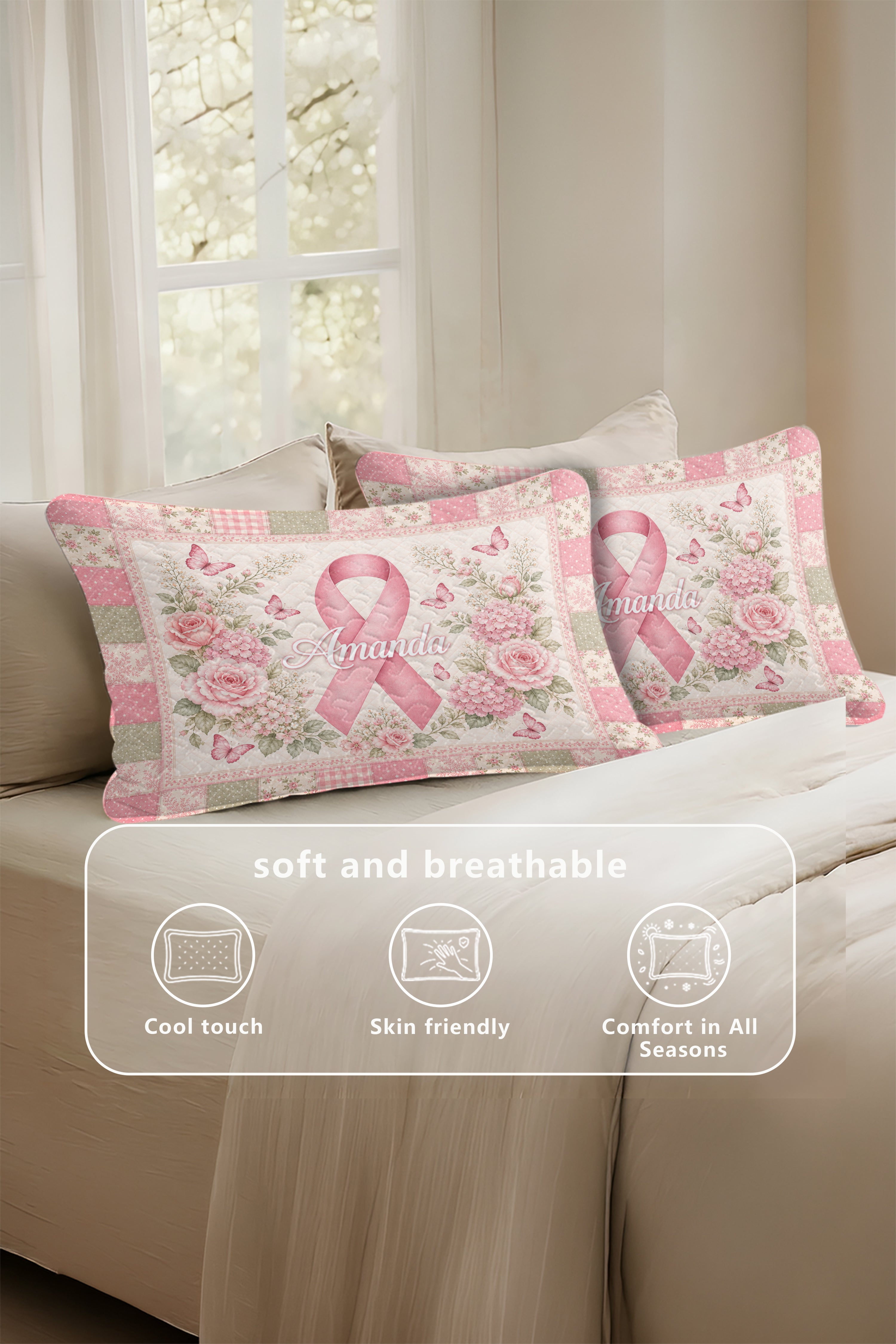 Amanda Pink Ribbon Floral Monogram Quilted Pillows