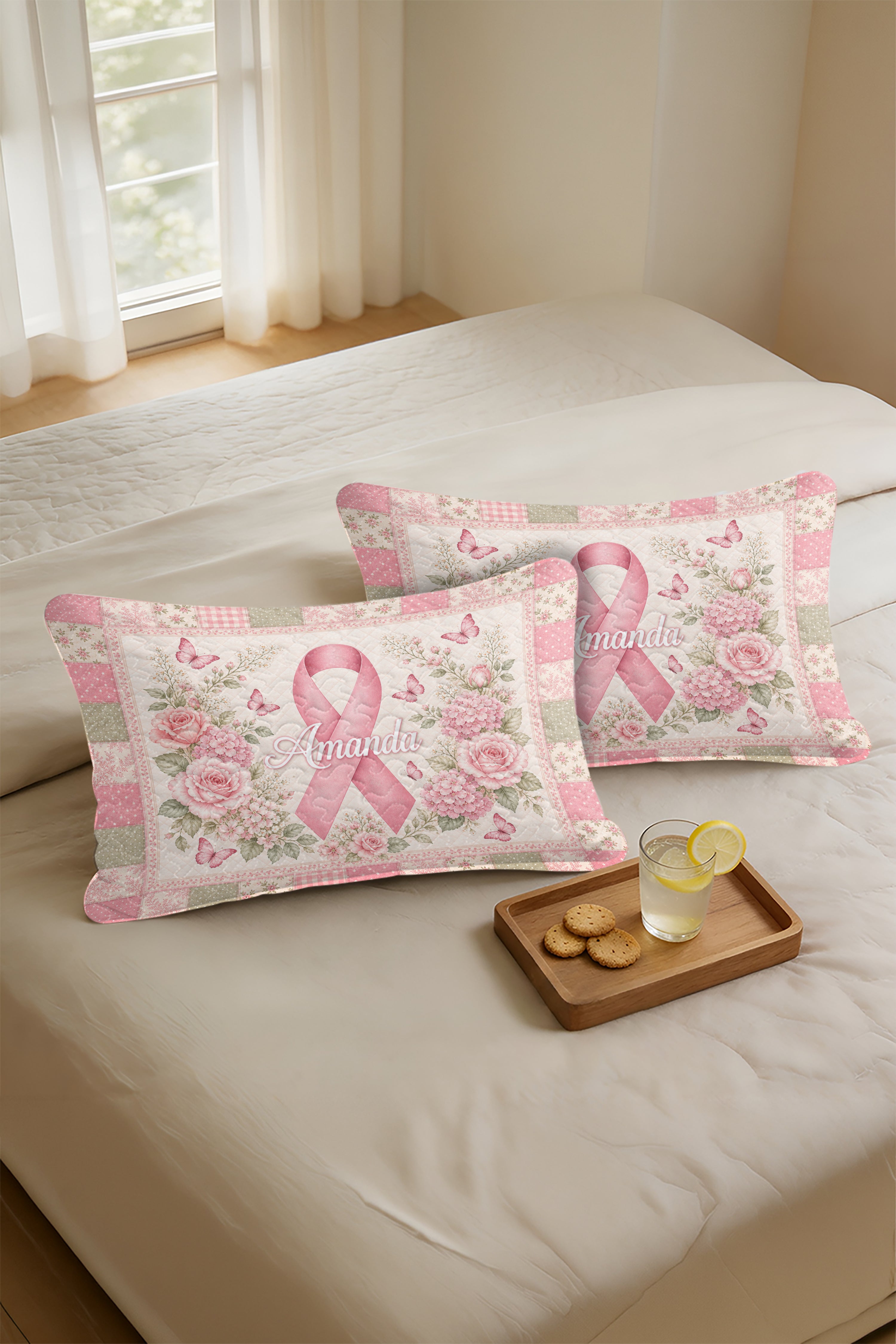 Amanda Pink Ribbon Floral Monogram Quilted Pillows