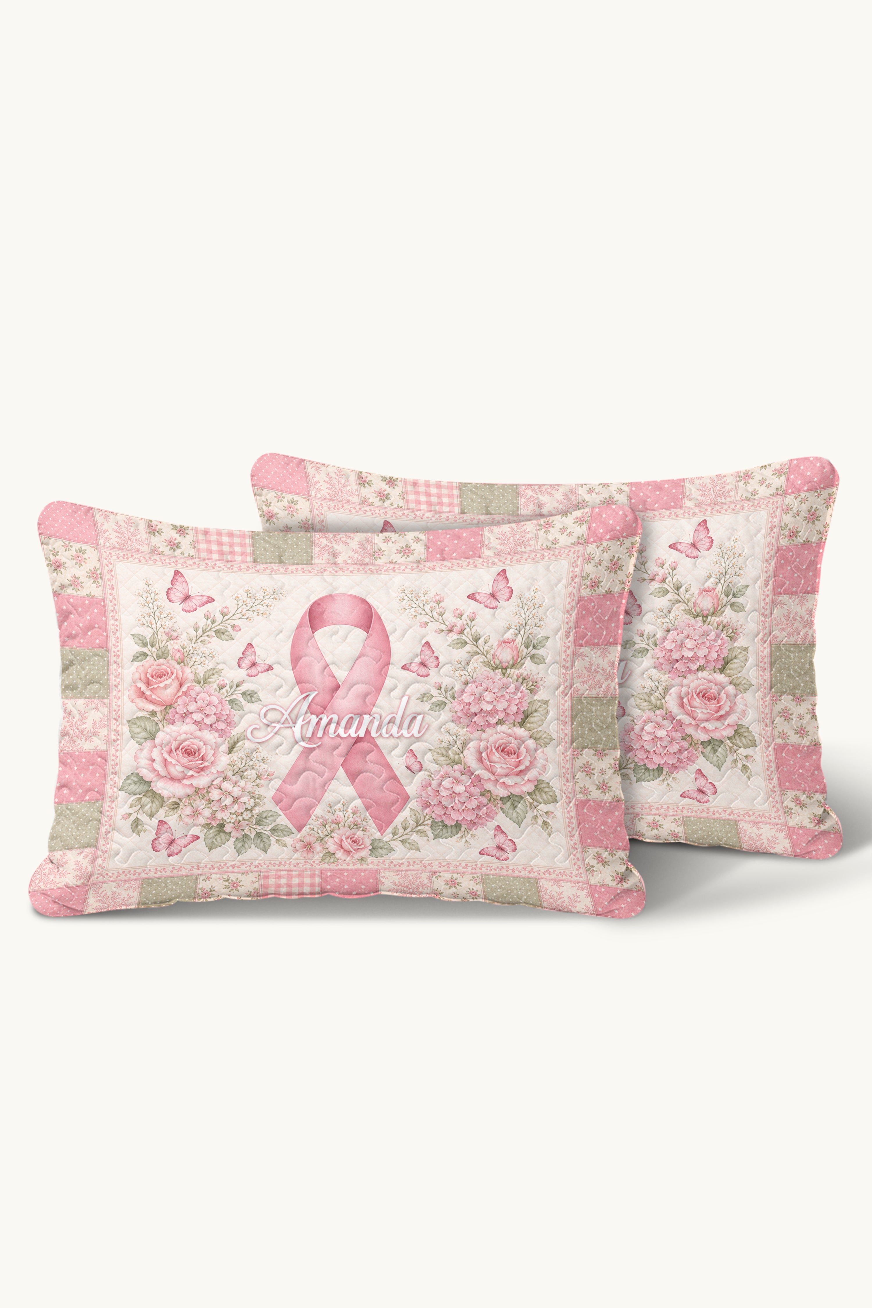 Amanda Pink Ribbon Floral Monogram Quilted Pillows