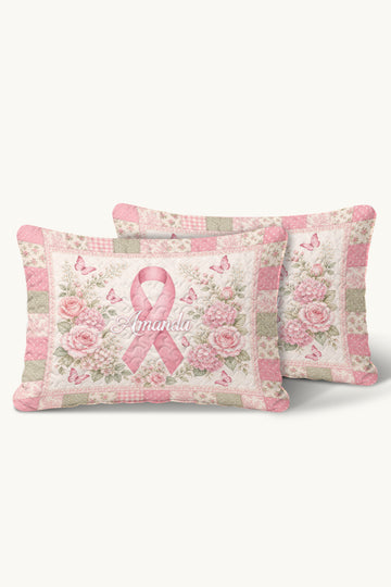 Amanda Pink Ribbon Floral Monogram Quilted Pillows