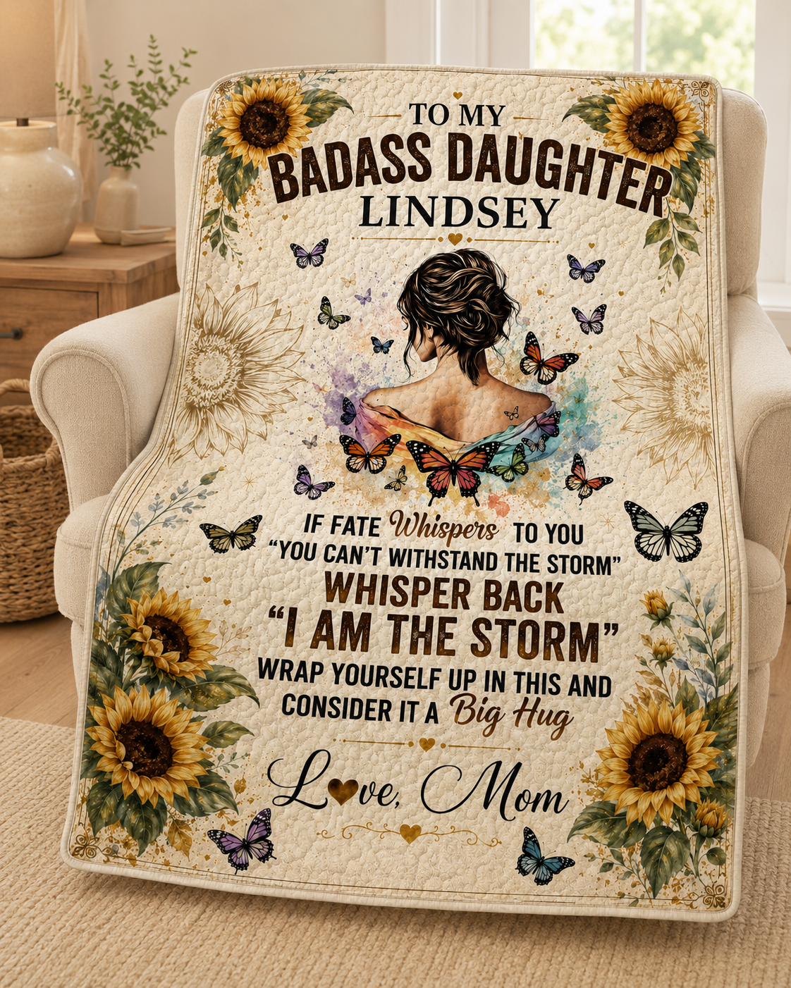 Badass Daughter I Am The Storm Sunflower Quilt Blanket