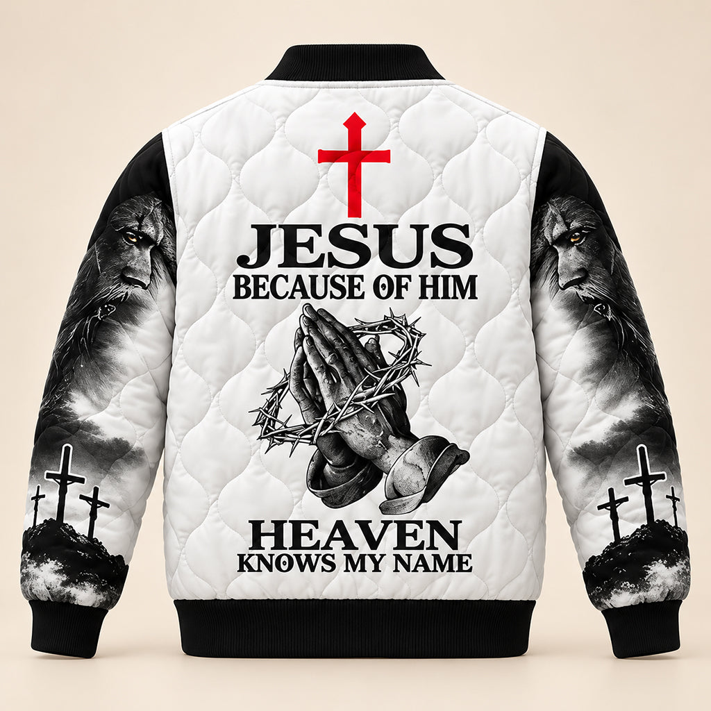 Because Of Him Heaven Knows My Name Quilted Bomber Jacket – view 3