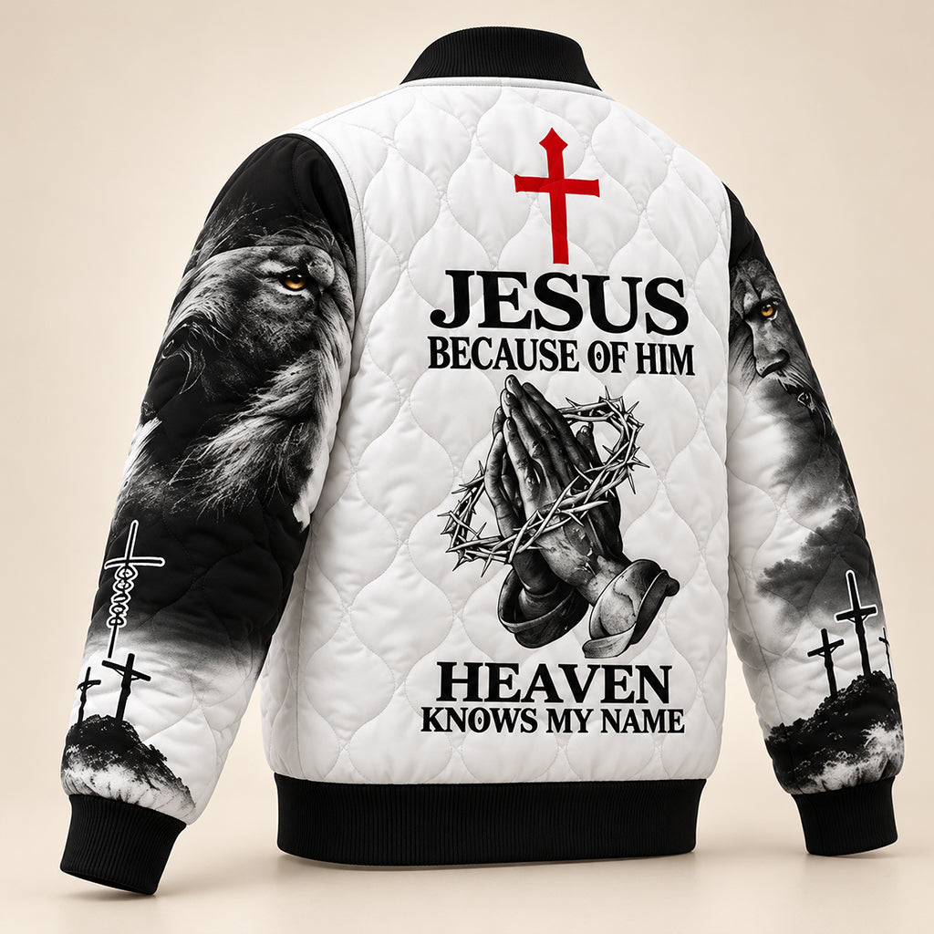 Because Of Him Heaven Knows My Name Quilted Bomber Jacket