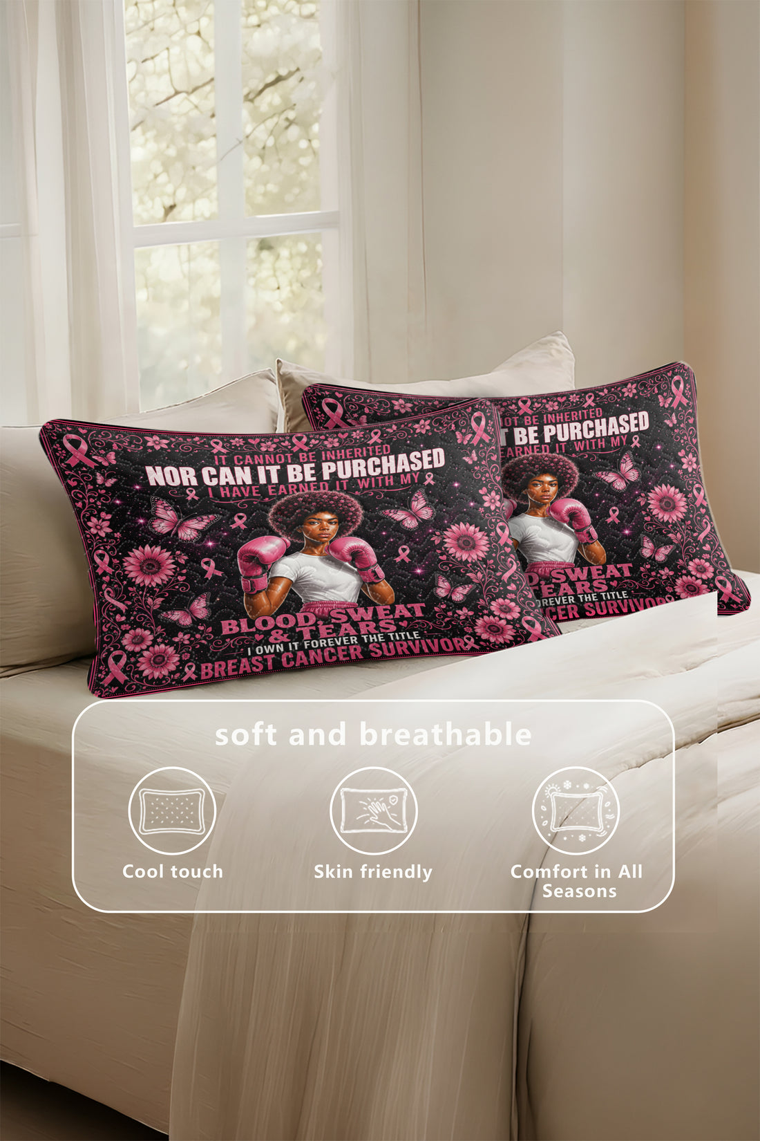 Blood Sweat Tears Survivor Boxing Woman Quilted Pillows