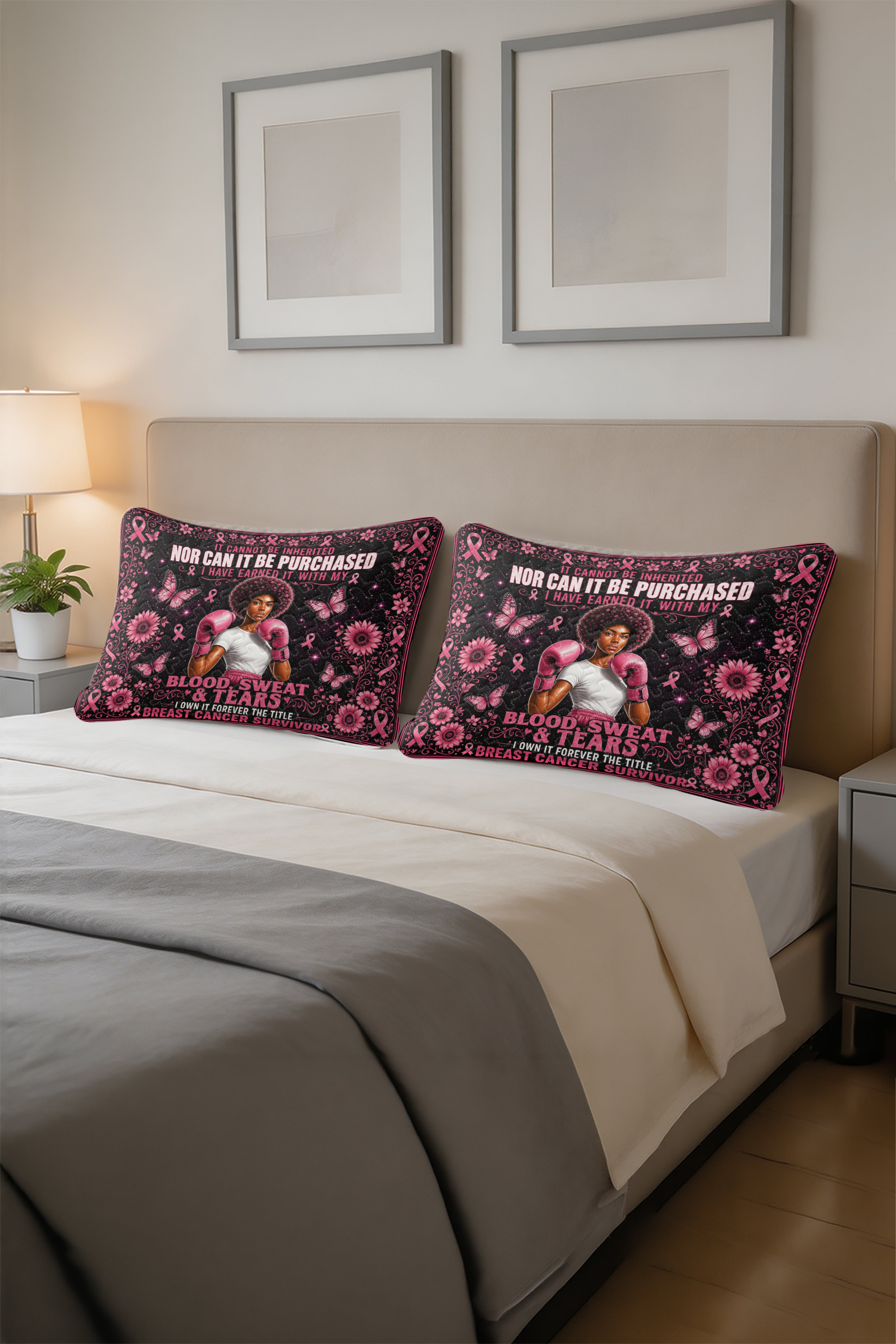 Blood Sweat Tears Survivor Boxing Woman Quilted Pillows