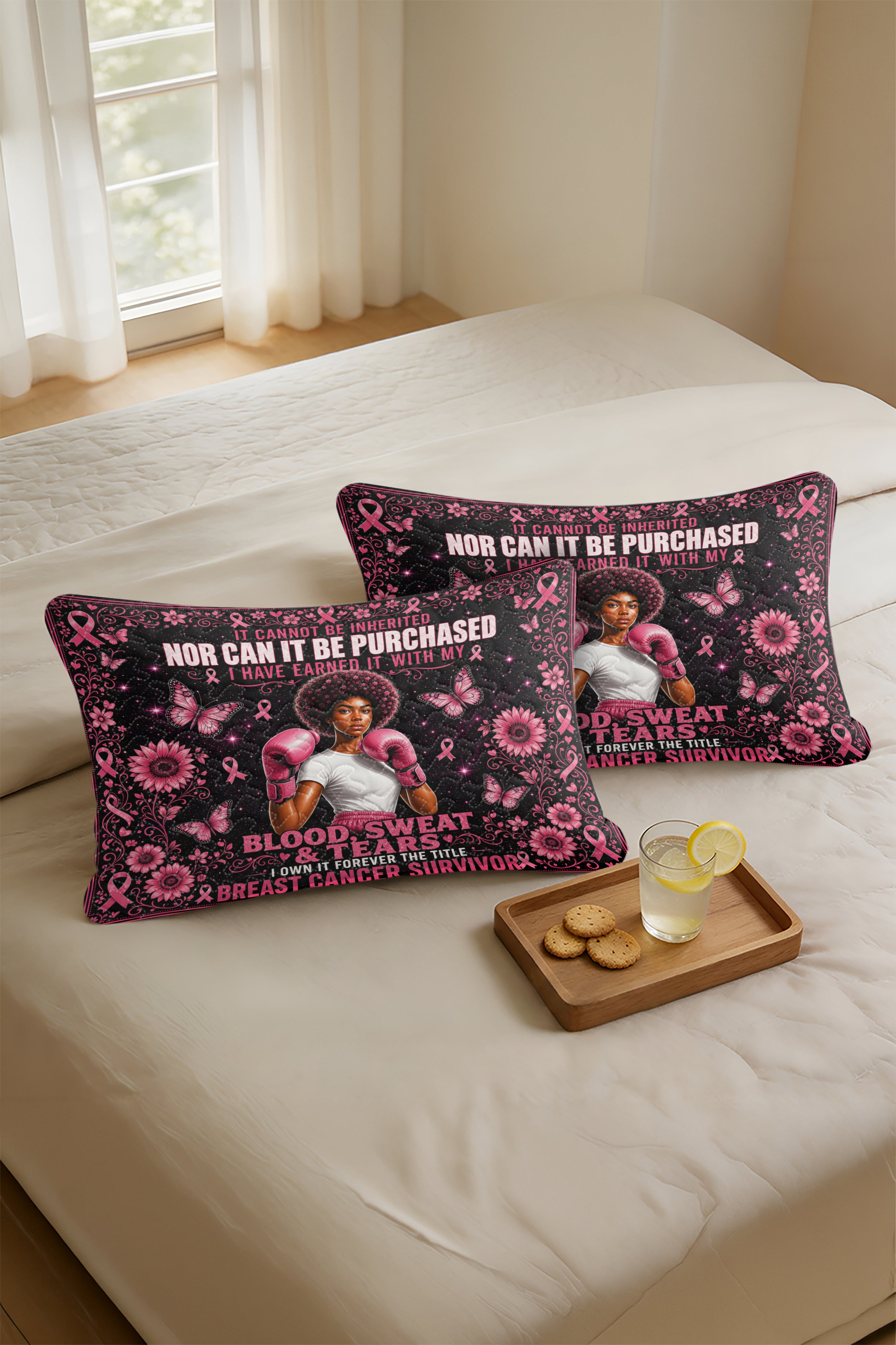 Blood Sweat Tears Survivor Boxing Woman Quilted Pillows