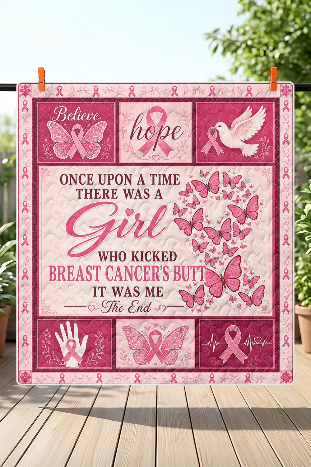 Butterfly Heart Dove Kicked Cancers Butt Quilt Blanket