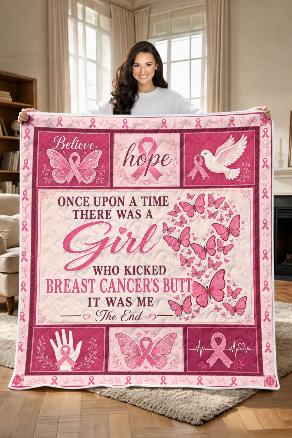Butterfly Heart Dove Kicked Cancers Butt Quilt Blanket