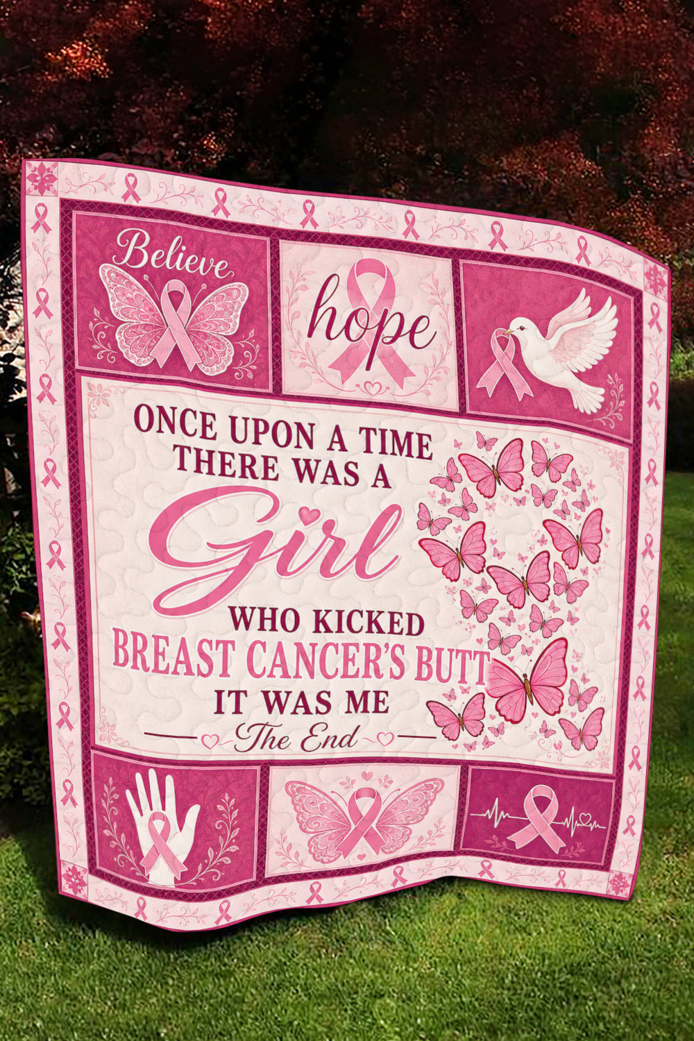 Butterfly Heart Dove Kicked Cancers Butt Quilt Blanket