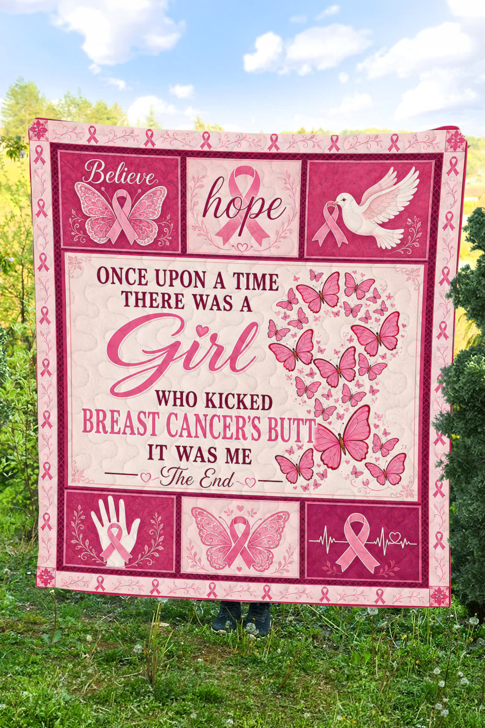 Butterfly Heart Dove Kicked Cancers Butt Quilt Blanket