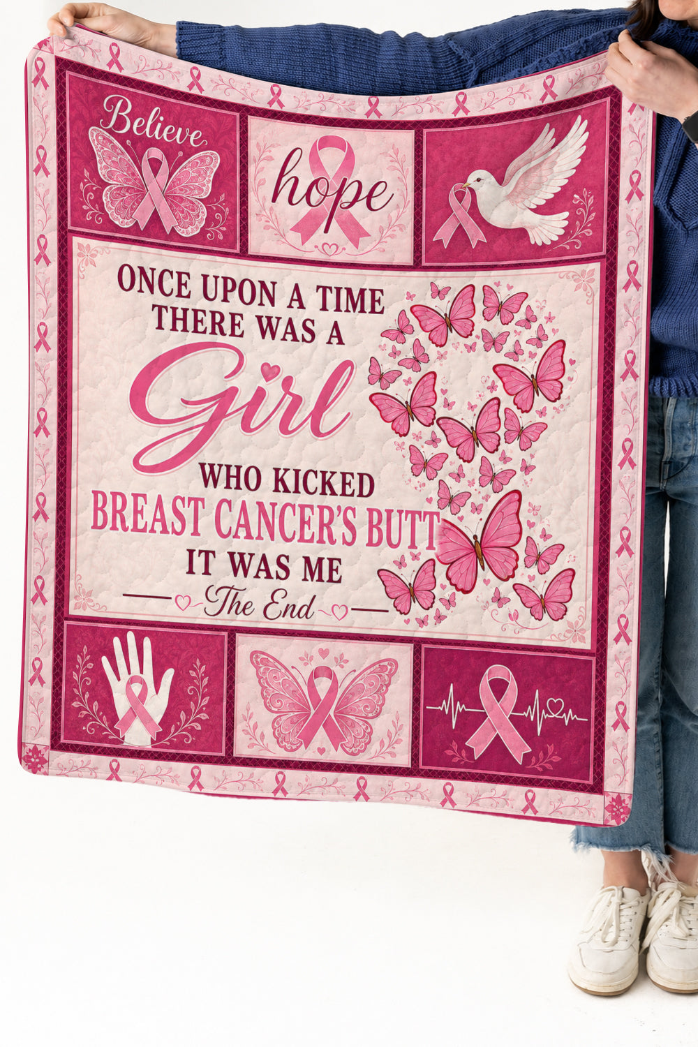 Butterfly Heart Dove Kicked Cancers Butt Quilt Blanket