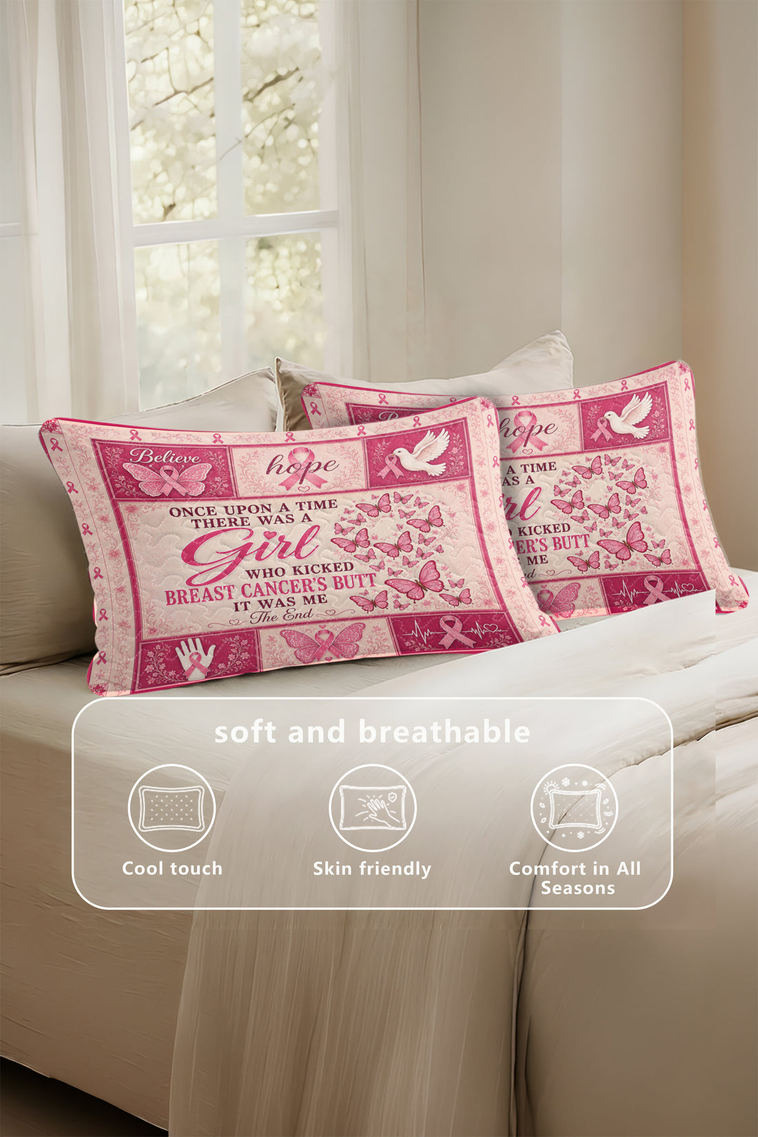 Butterfly Heart Dove Kicked Cancers Butt Quilt Pillows