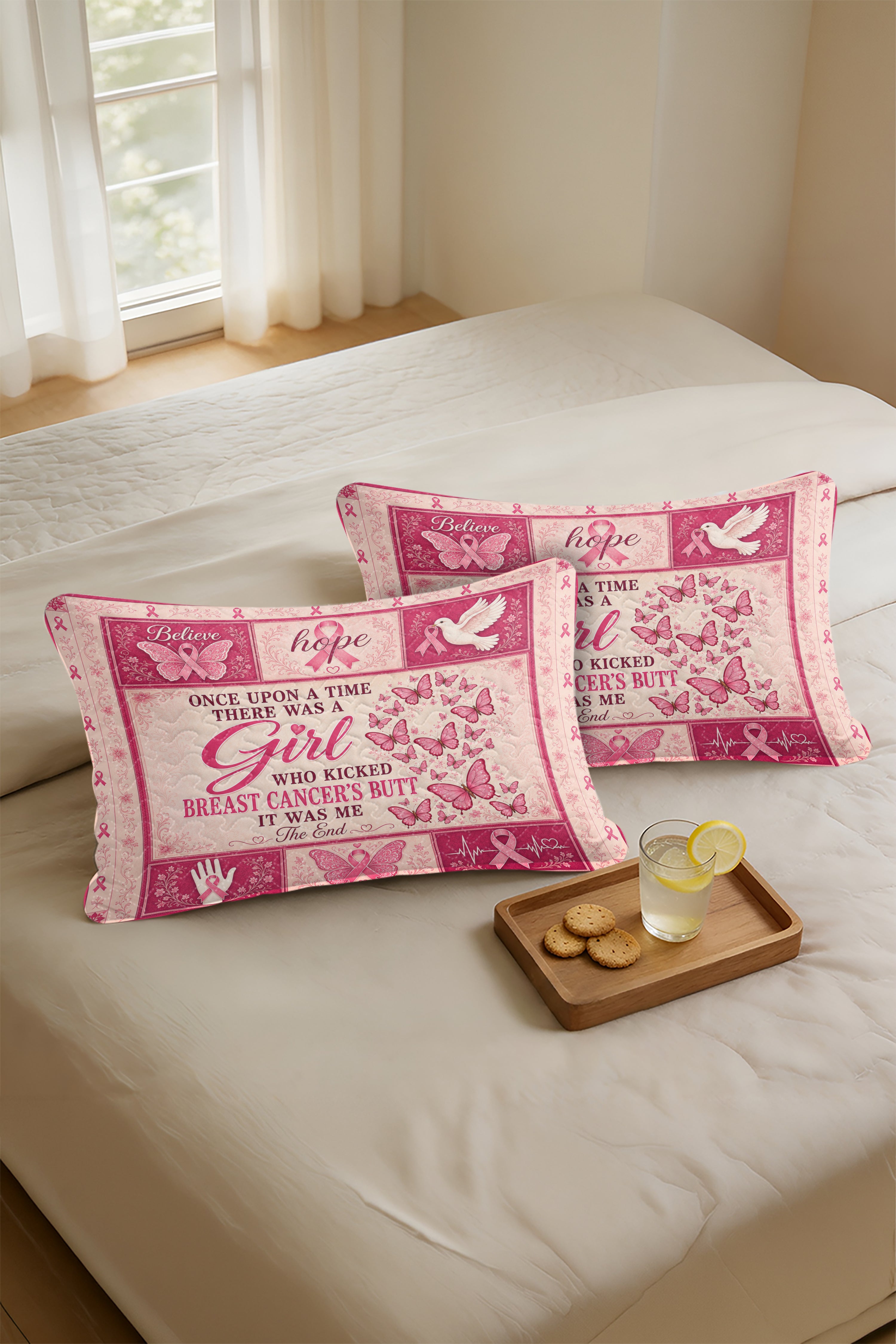 Butterfly Heart Dove Kicked Cancers Butt Quilt Pillows
