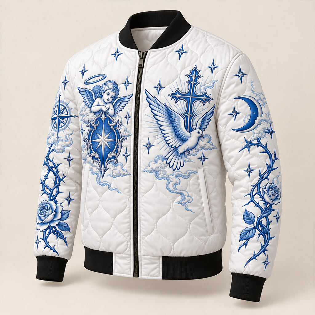Celestial Angel Cross Quilted Bomber Jacket