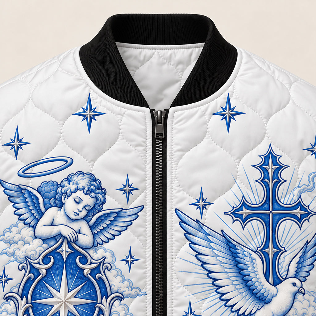 Celestial Angel Cross Quilted Bomber Jacket