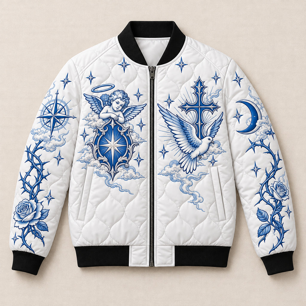 Celestial Angel Cross Quilted Bomber Jacket – view 2