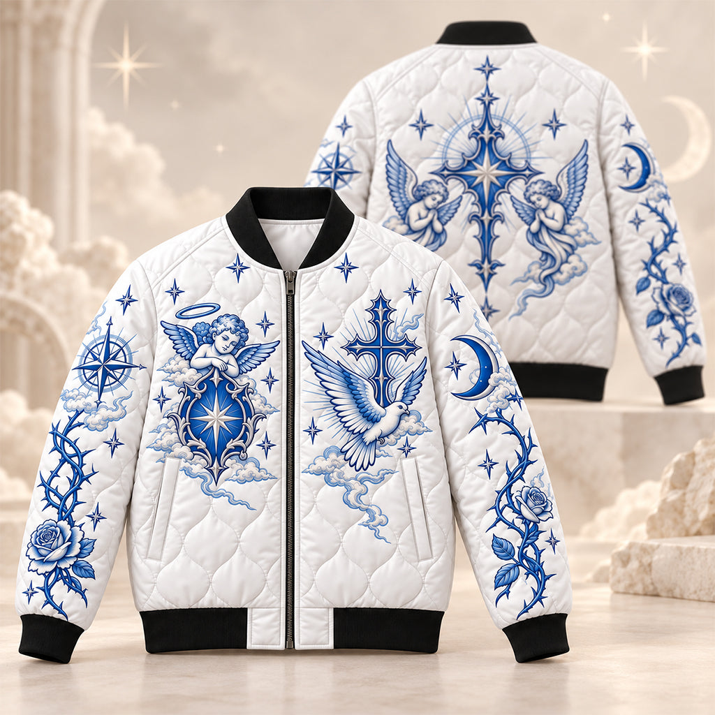 Celestial Angel Cross Quilted Bomber Jacket