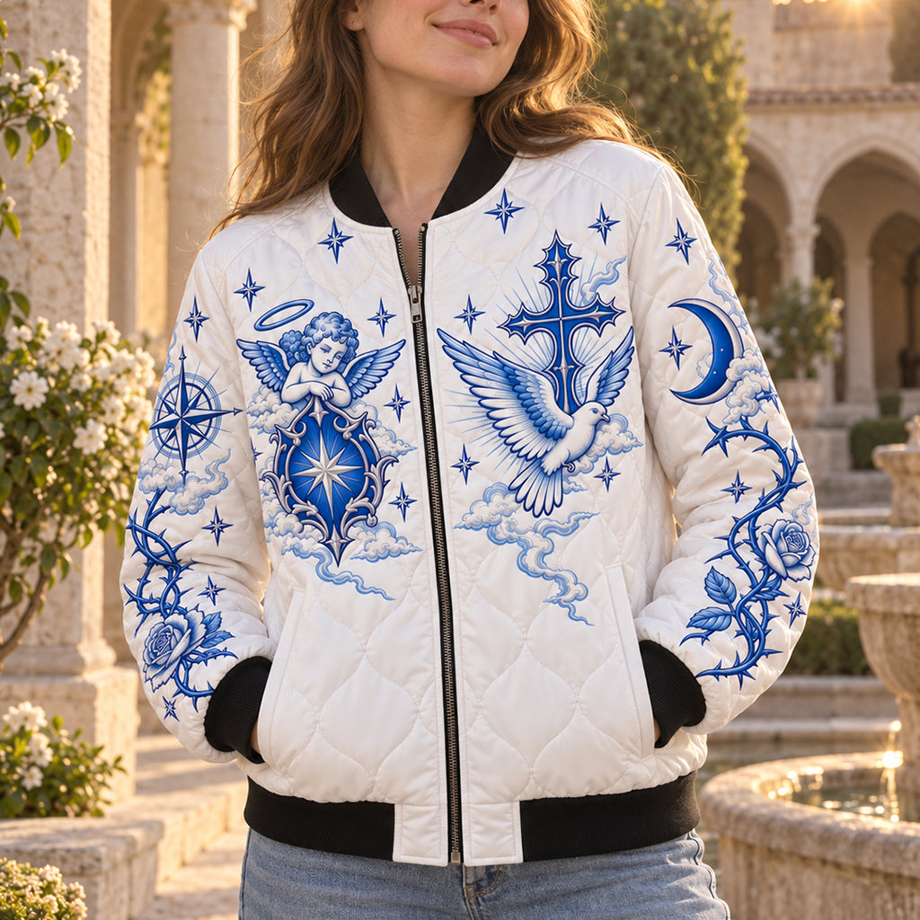 Celestial Angel Cross Quilted Bomber Jacket