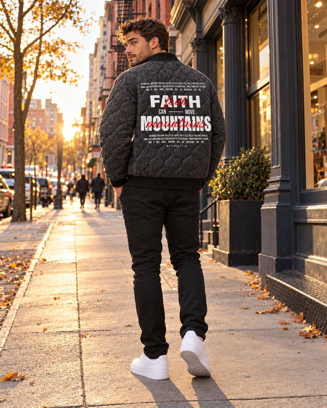 Faith Can Move Mountains Quilted Bomber Jacket