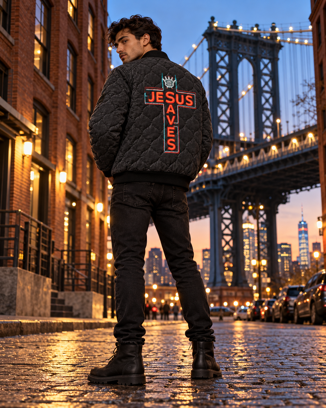 Neon Jesus Saves Cross Quilted Bomber Jacket