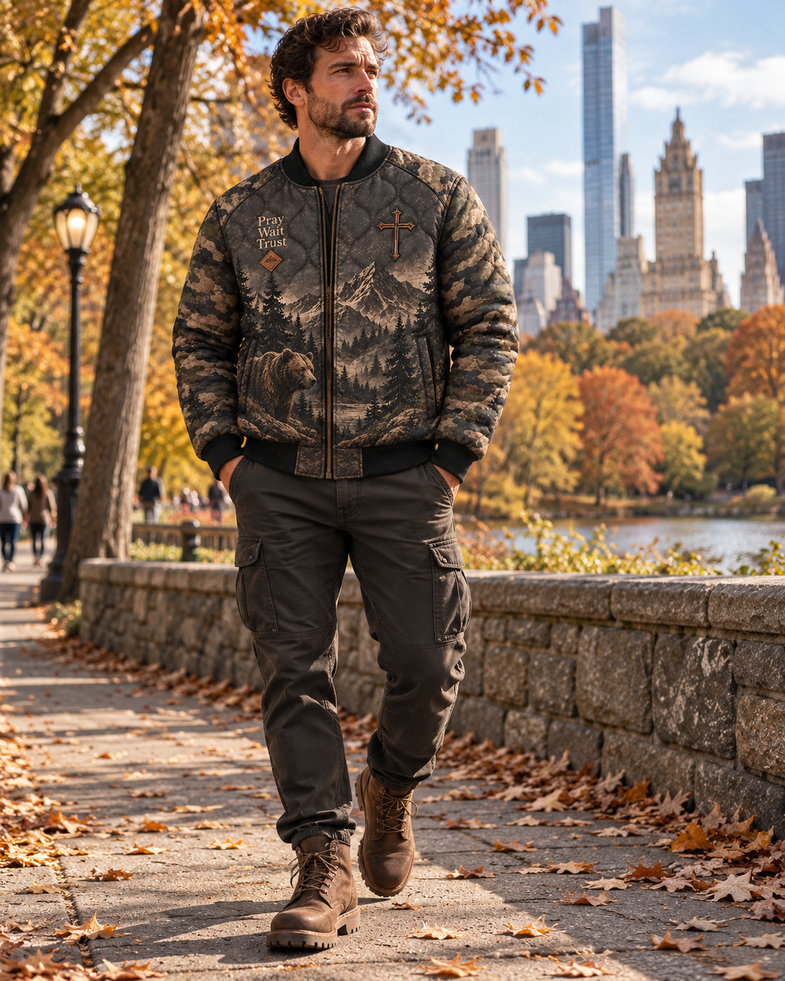 Pray Wait Trust Camo Bear Quilted Bomber Jacket