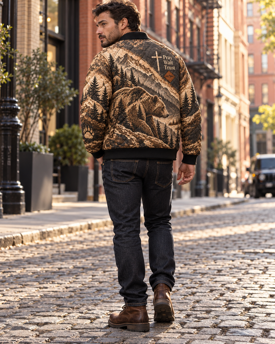 Pray Wait Trust Grizzly Bear Quilted Bomber Jacket
