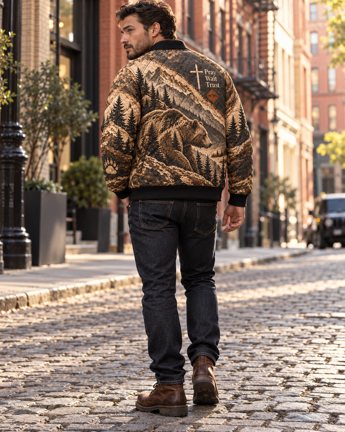 Pray Wait Trust Grizzly Bear Quilted Bomber Jacket