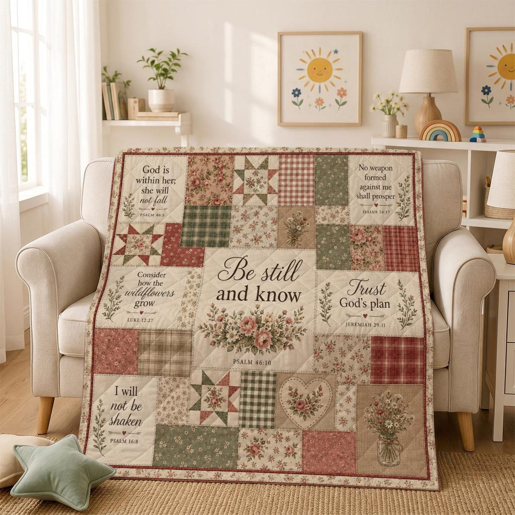 Christian Floral Quilt Blanket, Be Still And Know Throw, Bible Verse Faith Quilt