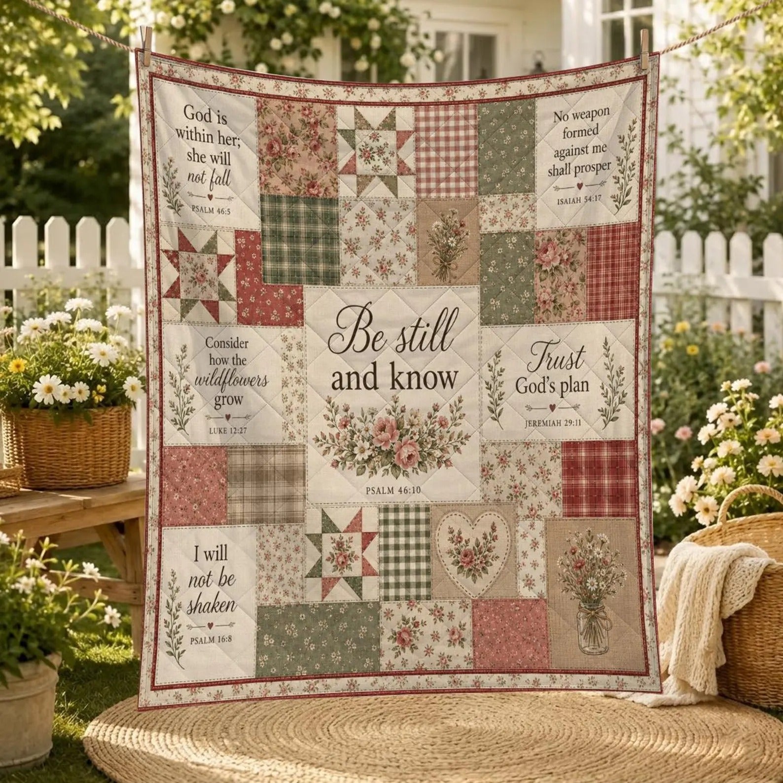 Christian Floral Quilt Blanket, Be Still And Know Throw, Bible Verse Faith Quilt