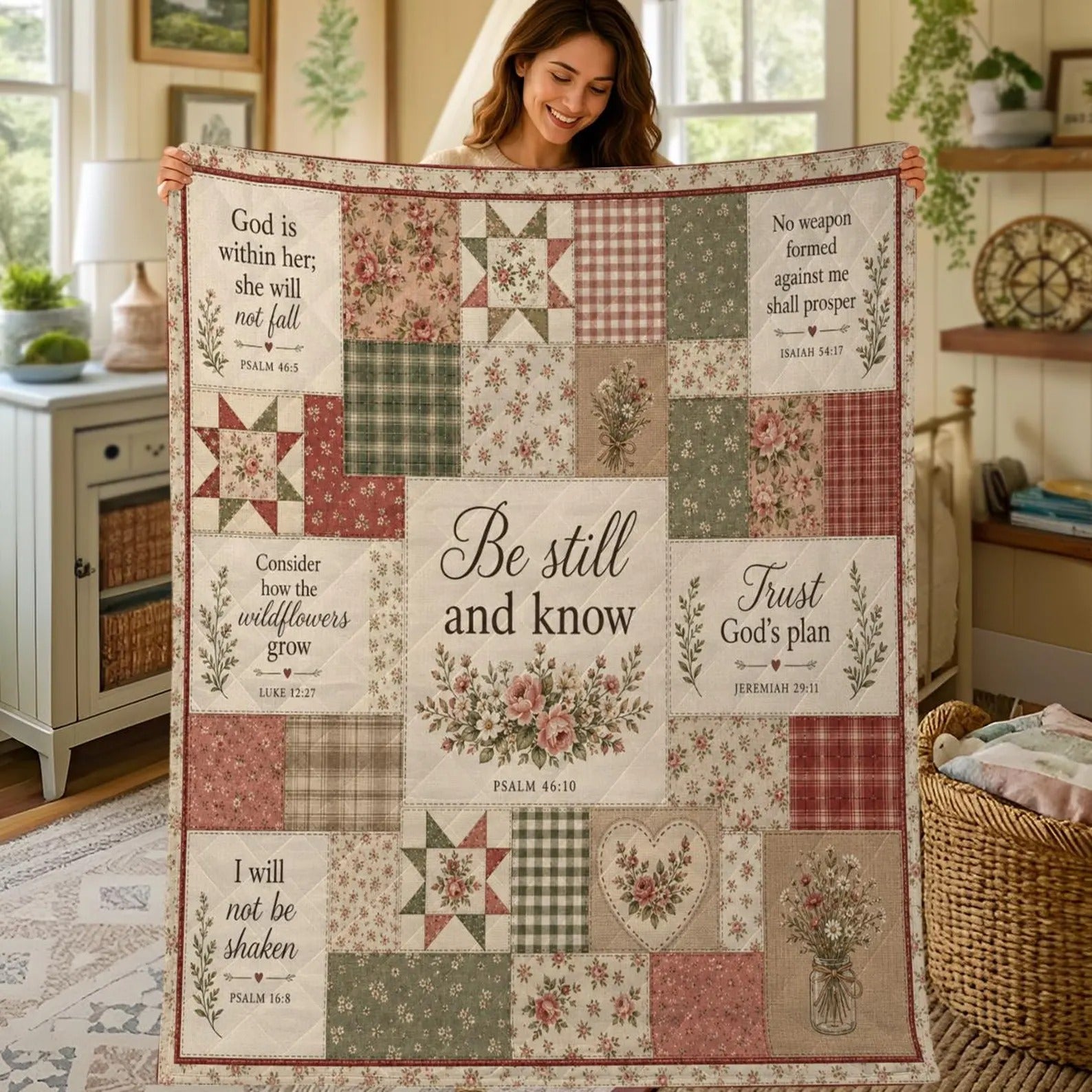 Christian Floral Quilt Blanket, Be Still And Know Throw, Bible Verse Faith Quilt