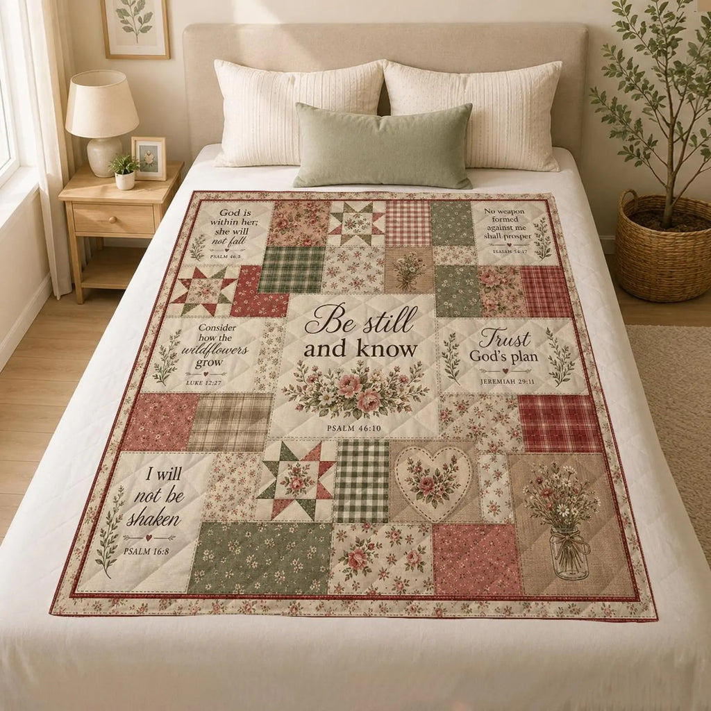 Christian Floral Quilt Blanket, Be Still And Know Throw, Bible Verse Faith Quilt