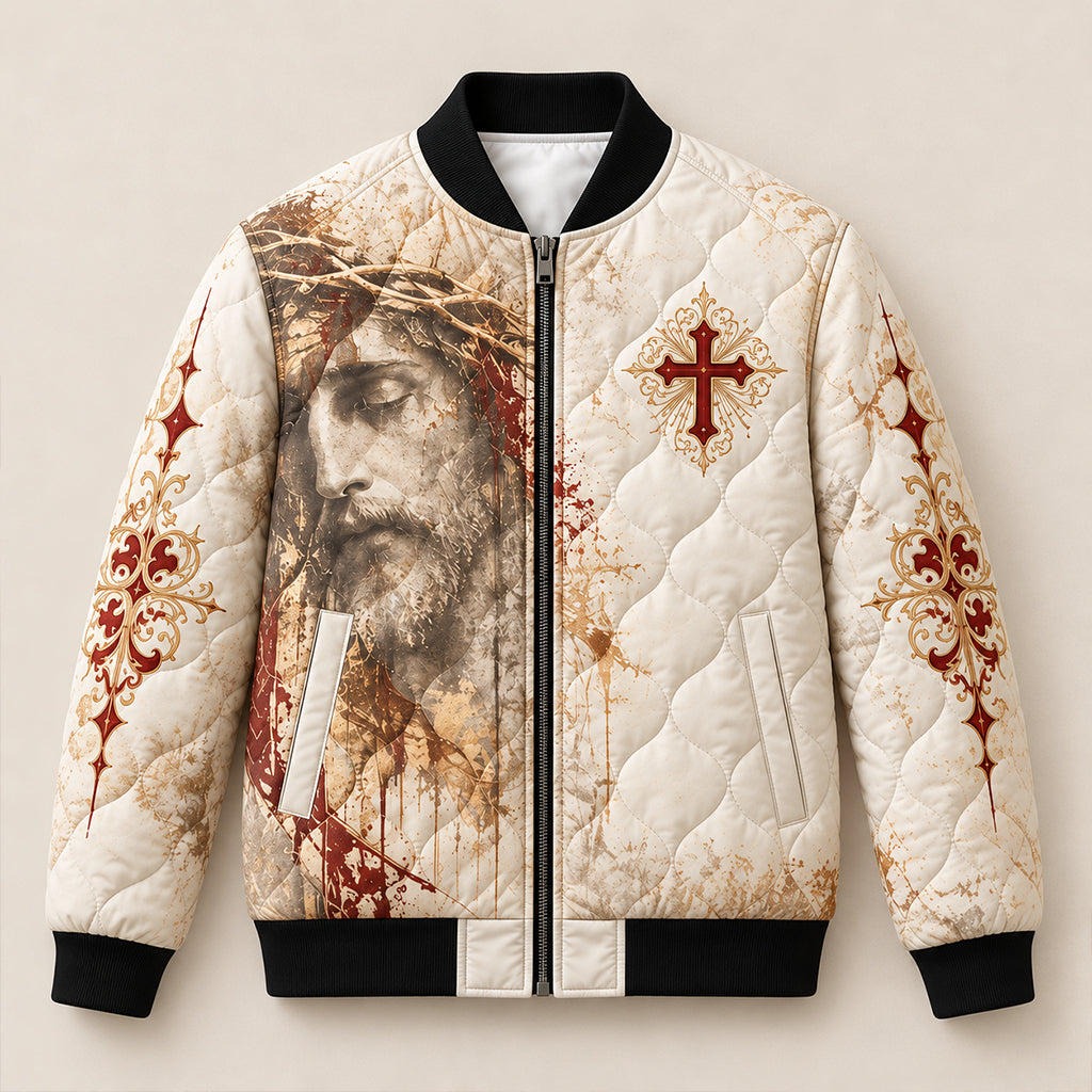 Crown Of Thorns Jesus Quilted Bomber Jacket