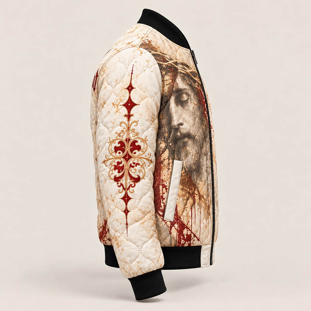 Crown Of Thorns Jesus Quilted Bomber Jacket – view 5