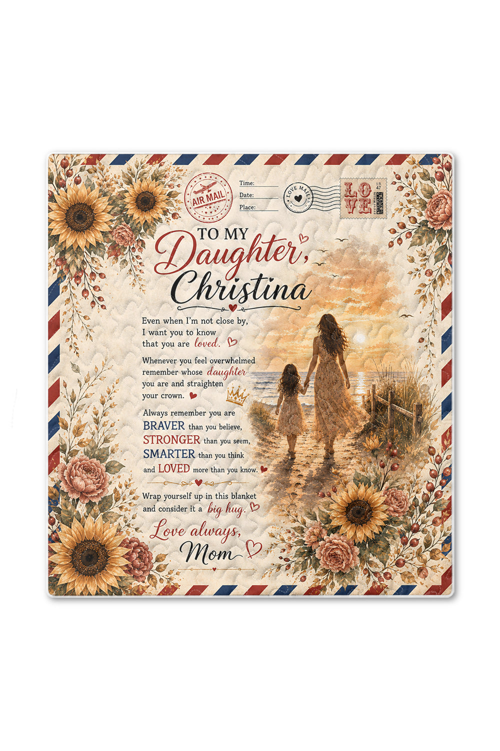 Daughter Braver Stronger Loved Air Mail Beach Quilt Blanket