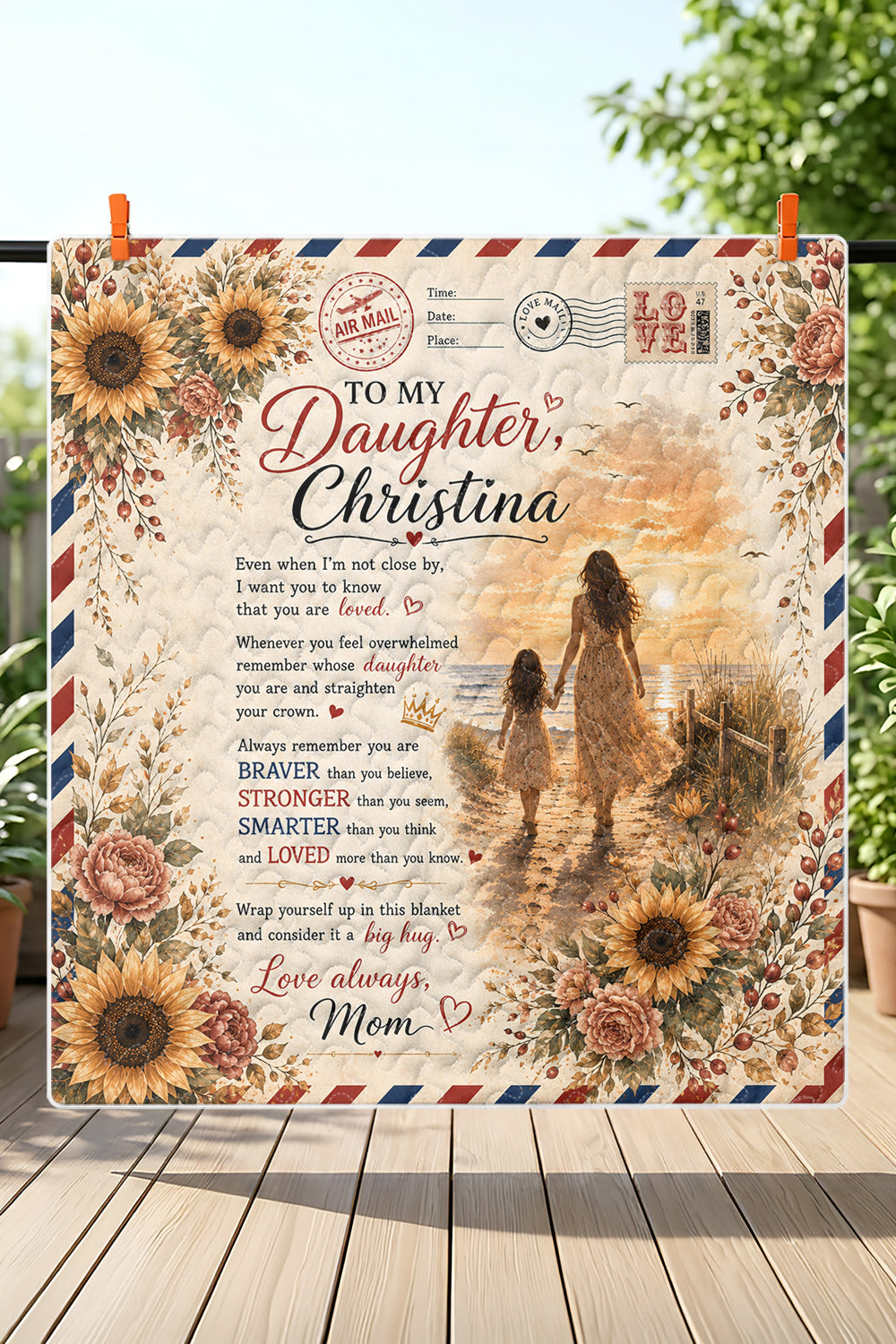 Daughter Braver Stronger Loved Air Mail Beach Quilt Blanket