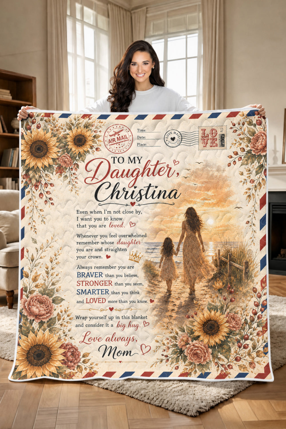 Daughter Braver Stronger Loved Air Mail Beach Quilt Blanket