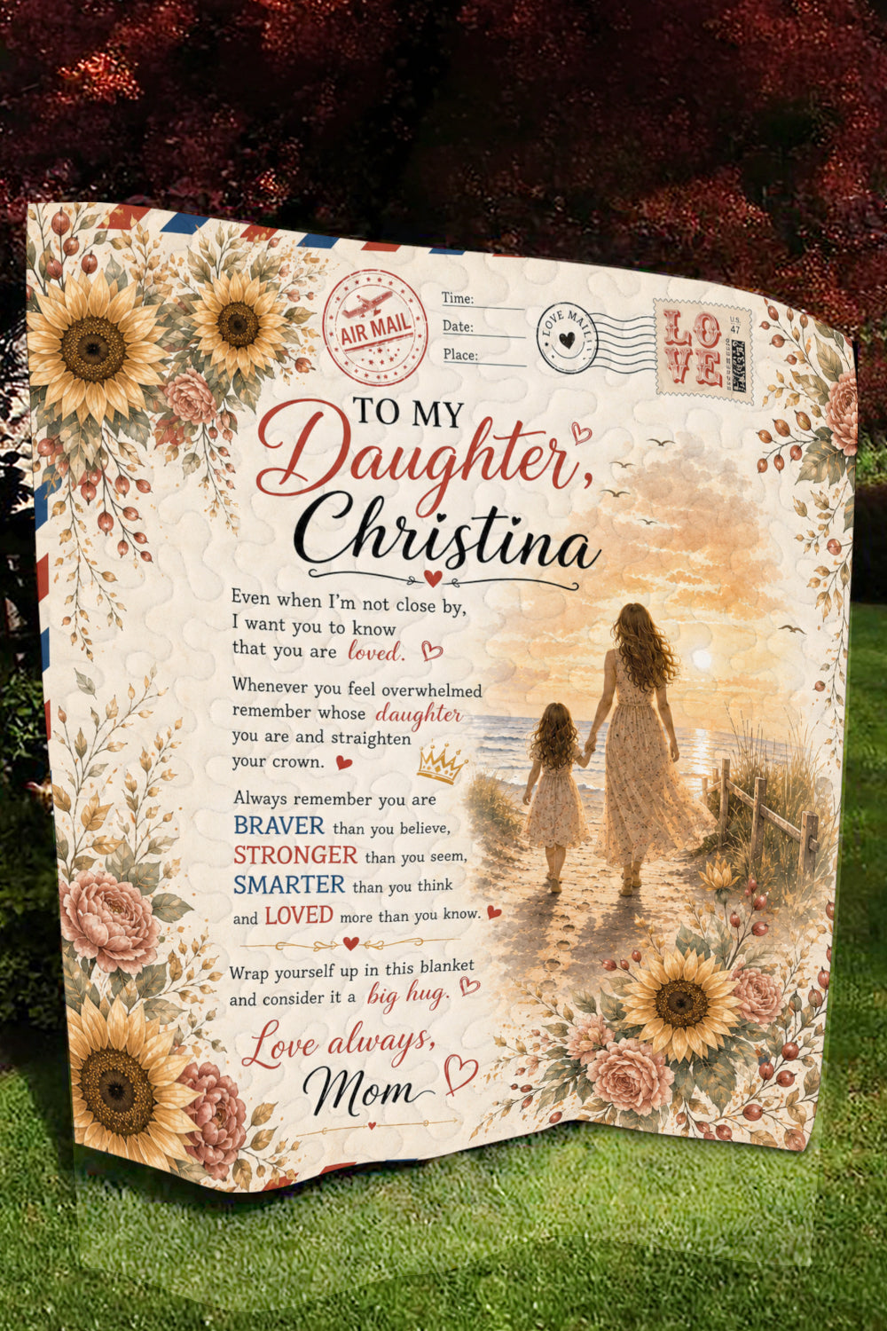 Daughter Braver Stronger Loved Air Mail Beach Quilt Blanket