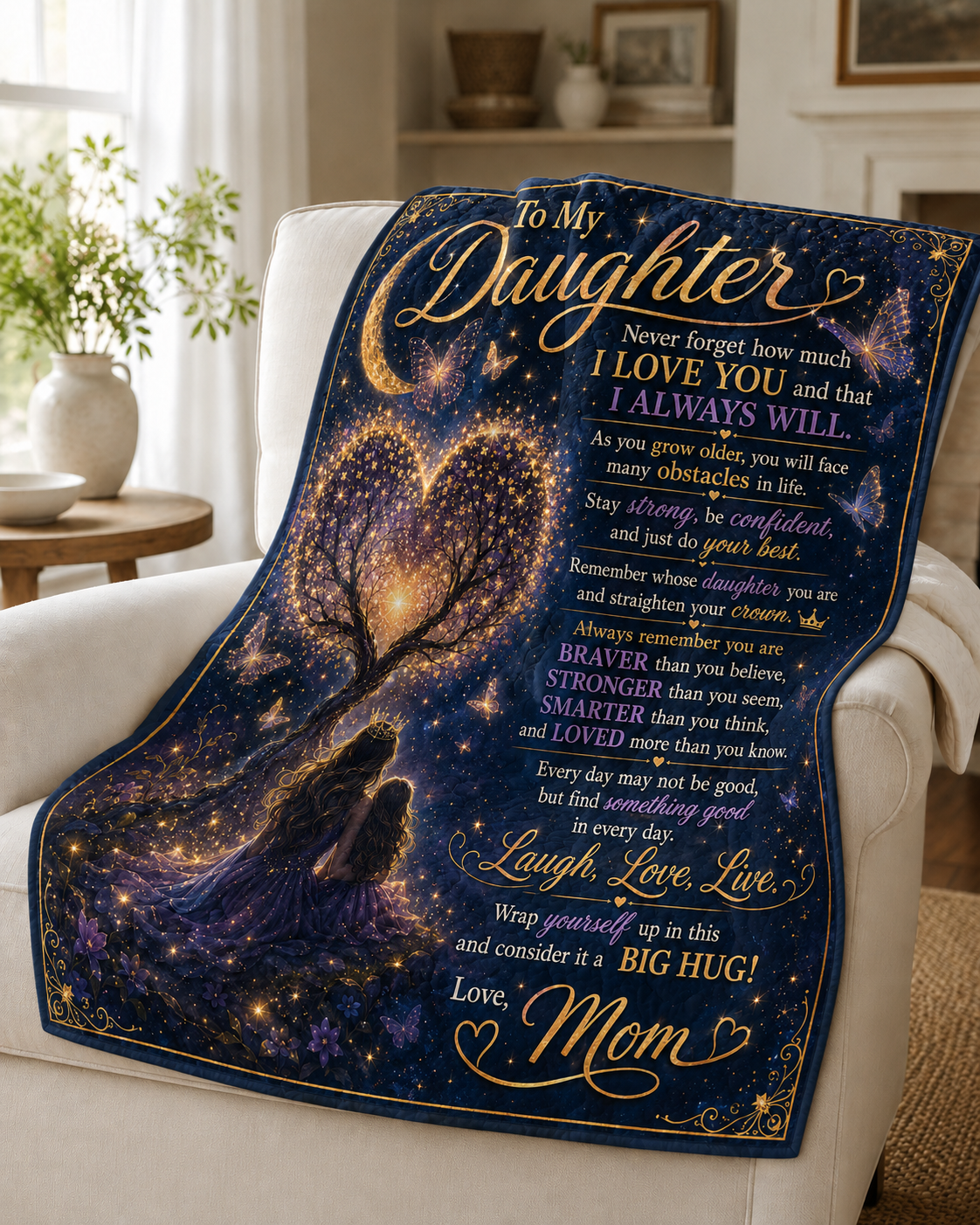 Daughter Braver Stronger Loved Galaxy Princess Crown Quilt Blanket