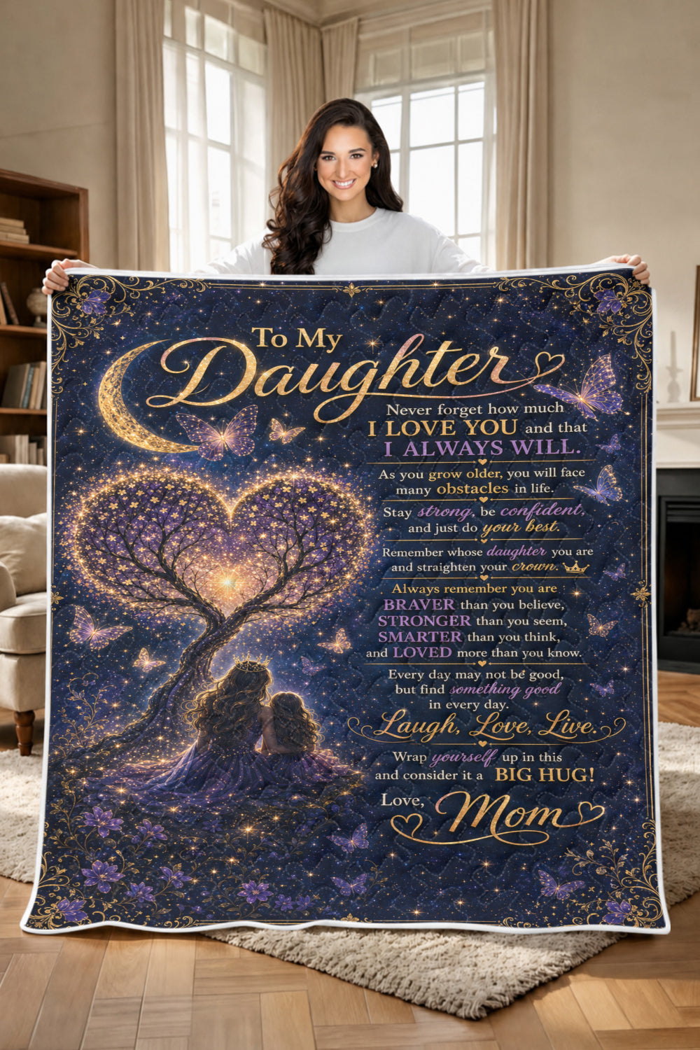 Daughter Braver Stronger Loved Galaxy Princess Crown Quilt Blanket