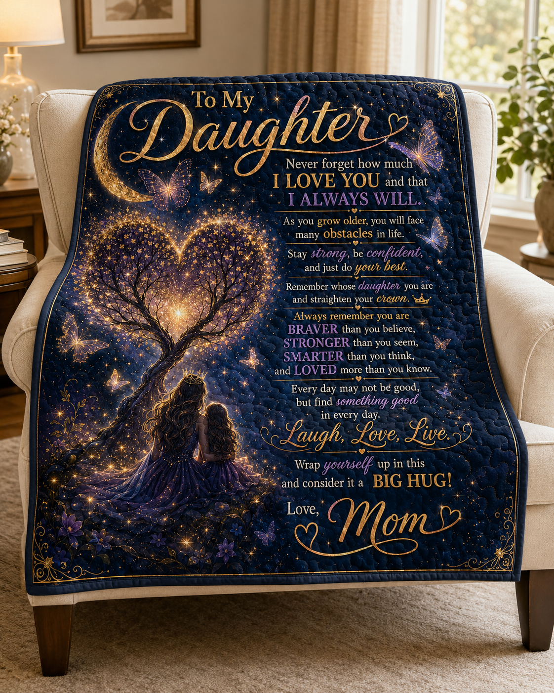 Daughter Braver Stronger Loved Galaxy Princess Crown Quilt Blanket