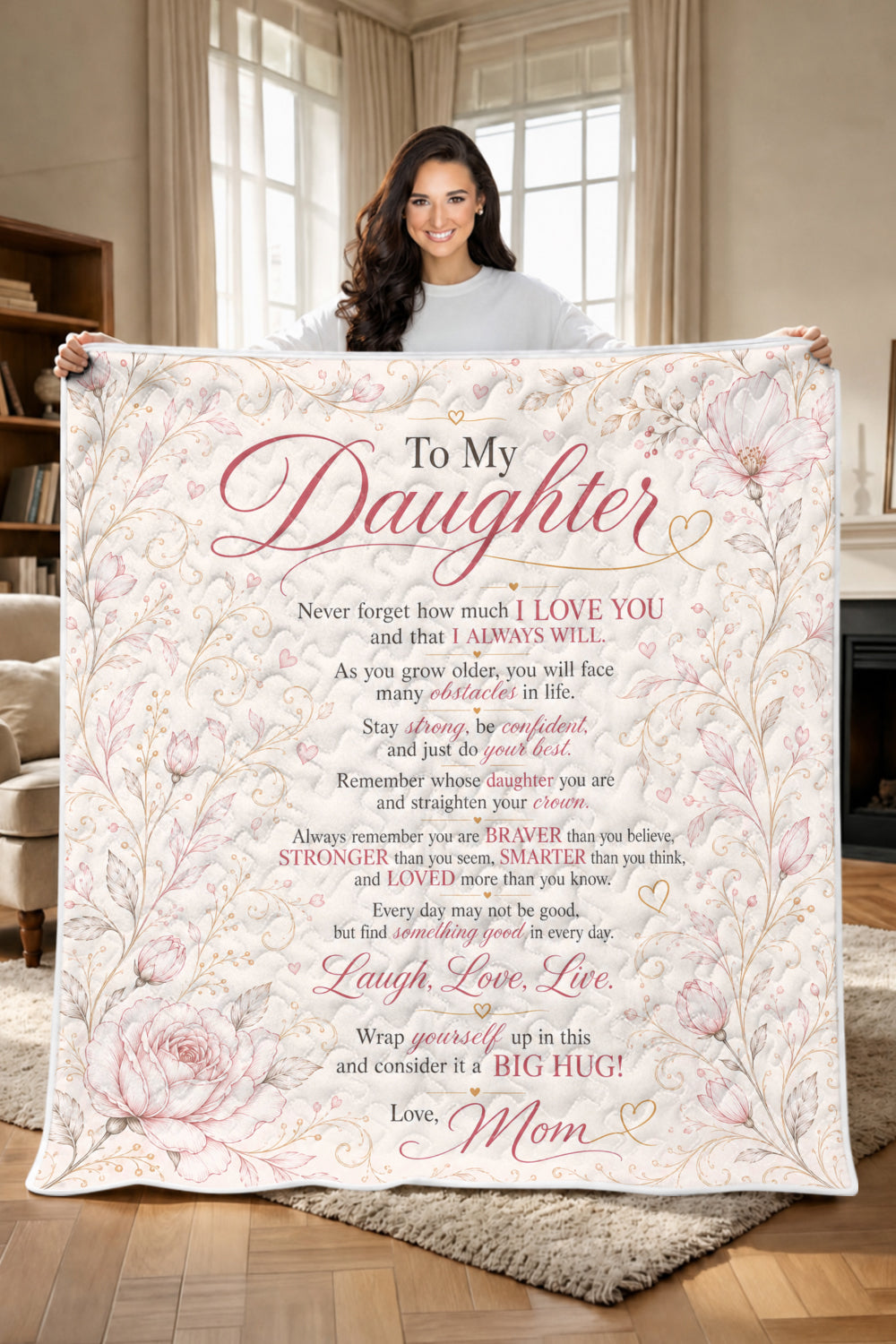 Daughter Braver Stronger Loved Minimalist Elegant Quilt Blanket