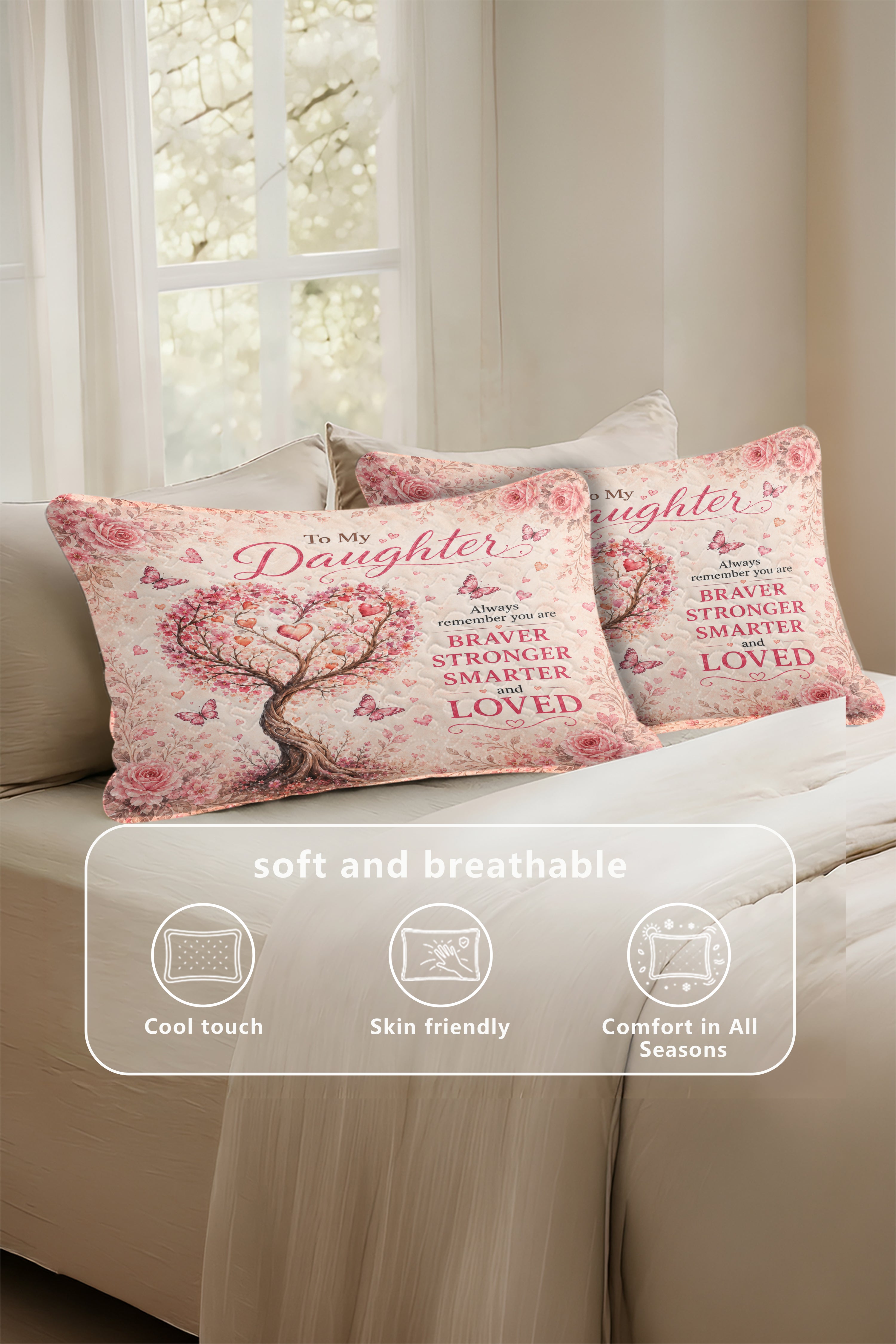 Daughter Braver Stronger Loved Pink Heart Blossom Tree Pillow
